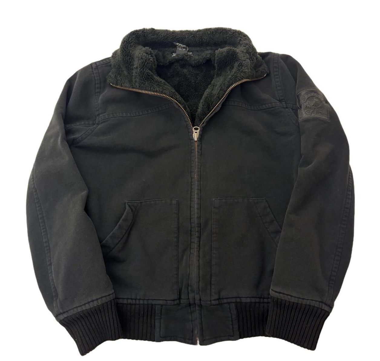Black fur lined bomber jacket, lucky brand vintage style, fits size Small, womens