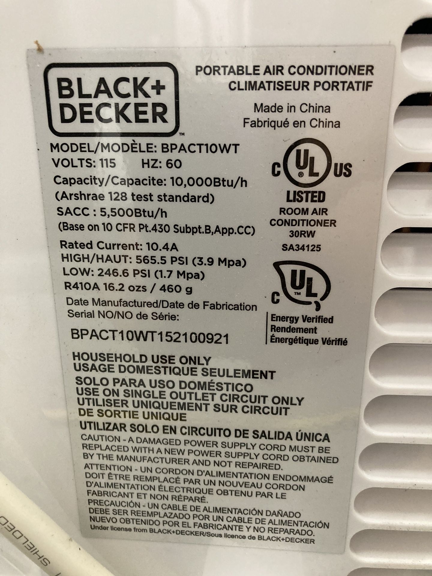 Black + Decker BPACT10WT 10,000 BTU Portable Air Conditioner New Open Box