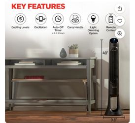 Ventilador Honeywell Ventilador de Torre Oscilante Negro Silencioso de 40". PotenciadeCCrculación deAire de 30Ft, 5 eelcidades Temporizador de Apagad