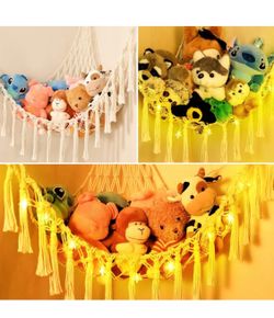 Stuffed Animal Net or Hammock with LED Light Macrame Stuffed Animal Storage