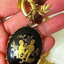 David Aubrey Gold Tone & Black Necklace Victorian Look Pendant Children Flowers