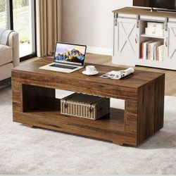 43" Farmhouse Coffee Table with Storage - Rustic Wooden Center Table with Spacious Drawer and Open Shelf, Living Room Accent Table, Durable & Stylish