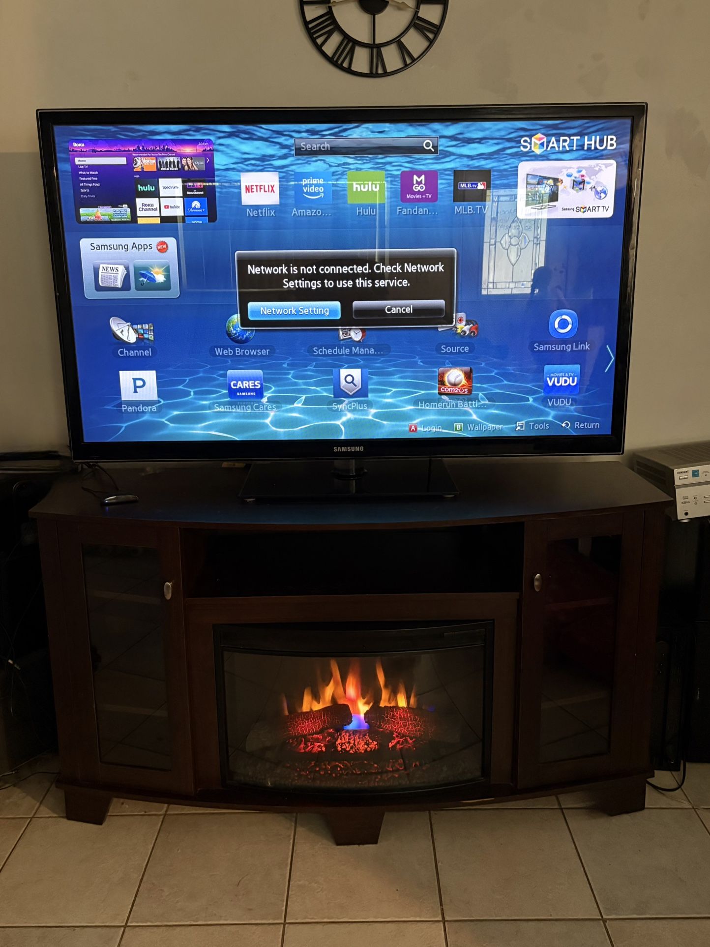 55” SAMSUNG Smart TV With Electric Fireplace/Heater Entertainment Center - Roku Adapter Included