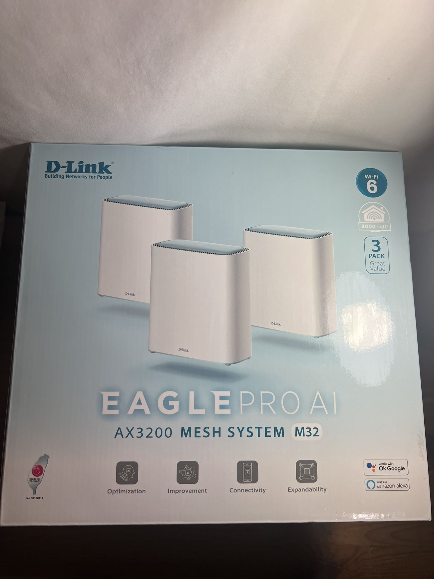 D-Link Eagle Pro AI Mesh WiFi 6 Router System (3-Pack) - Multi-Pack for Smart Wireless Internet Network, Compatible with Alexa and Google, AX3200 (M32