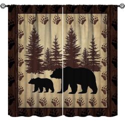  Rustic Cabin Blackout Curtain Farmhouse Rustic Bear Forest Vintage Brown Wood for Kids Boys Men Bedroom Living Room Kitchen Rod Pocket Decoration Win