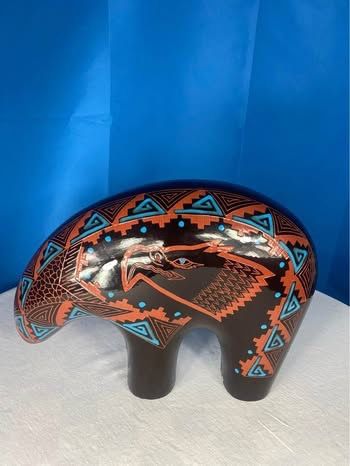 Large Clay Alaskan Bear Statue W/ Eagle - Signed