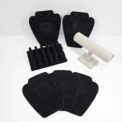 ​7pc Jewelry Display Set 5 Velvet Necklace Busts, 18-Ring Tray & Grey T-Bar Stand