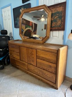Oak Wood Dresser with Octagonal Mirror