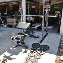 Power cage combo with 300lb Weight set and rubber hex Dumbbells