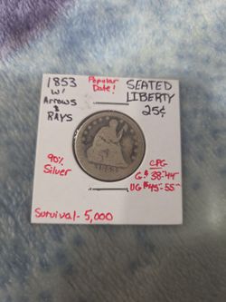 1853 Seated Liberty Quarter - Arrows & Rays Variety (90% Silver).