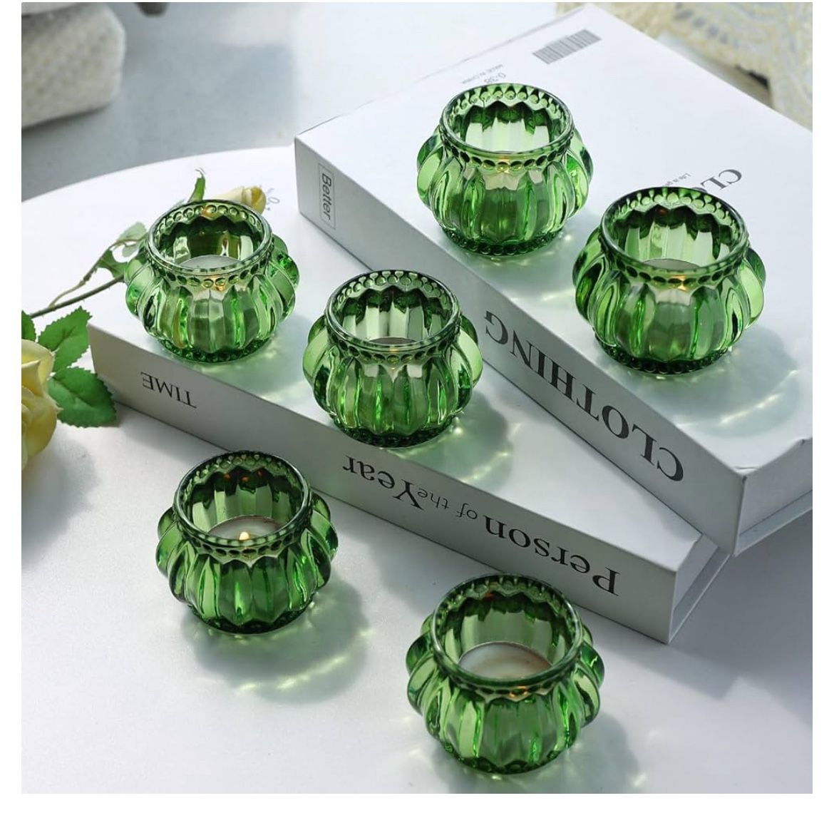 54 Green Votive Candle Holders & 3 Matching Table Runners