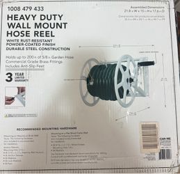 HEAVY DUTE WALL MOUNT HOSE REEL WHITE RUST-RESISTANT POWDER-COATED FINISH DURABLE STEEL CONSTRUCTION