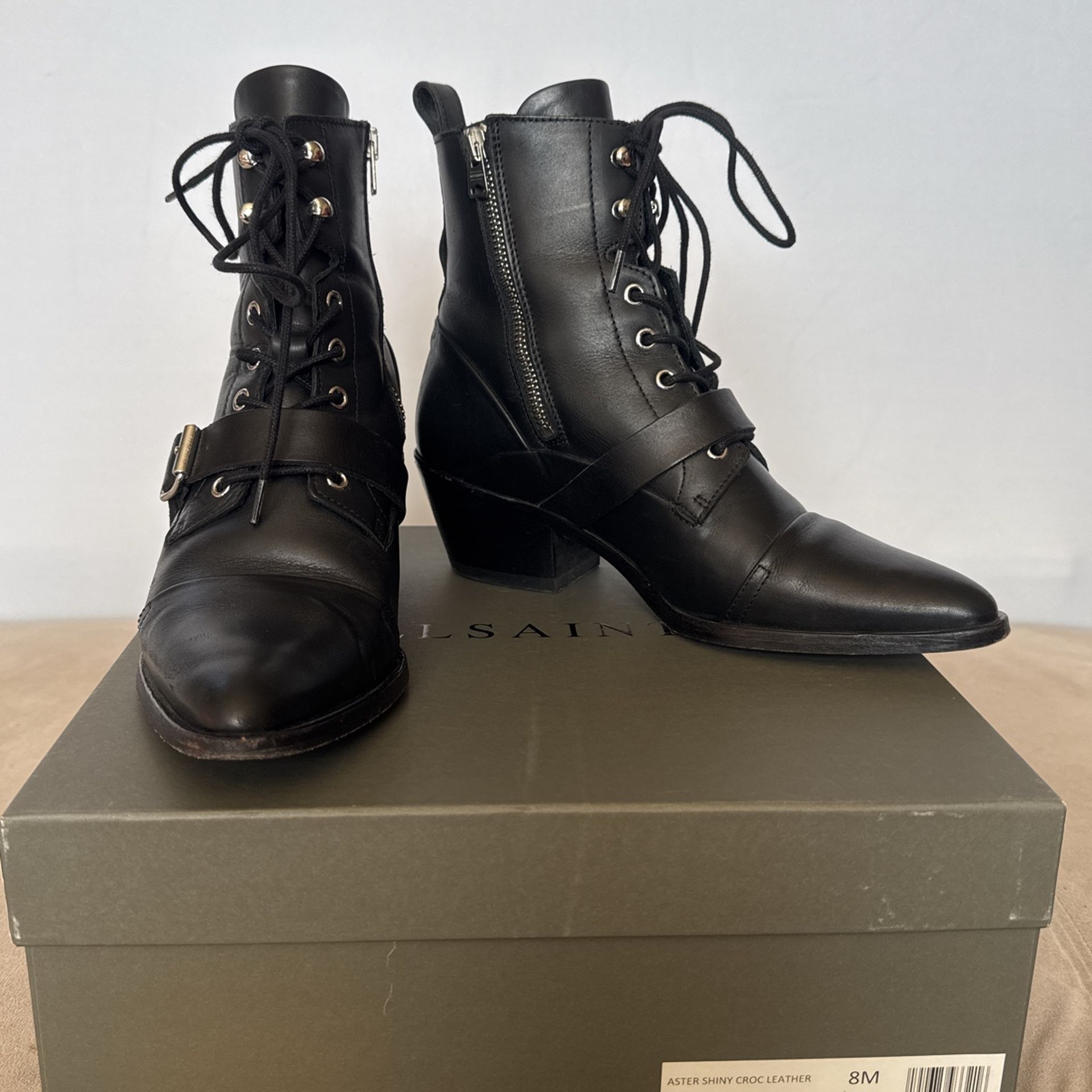 AllSaints Katy Lace Up Heeled Leather Boots With Buckle In Black