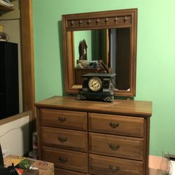 Oak Headboard, Mattresses,mirrored Dresser And Chest Of Drawers