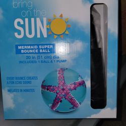 NEW MERMAID SUPER BOUNCE BALL.  EVERYBODY CREATES AN ECHO.  20" D INCLUDES BALL AND PUMP