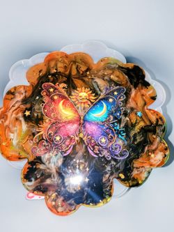 Handmade Resin Tray with Butterfly Sun Moon Art
