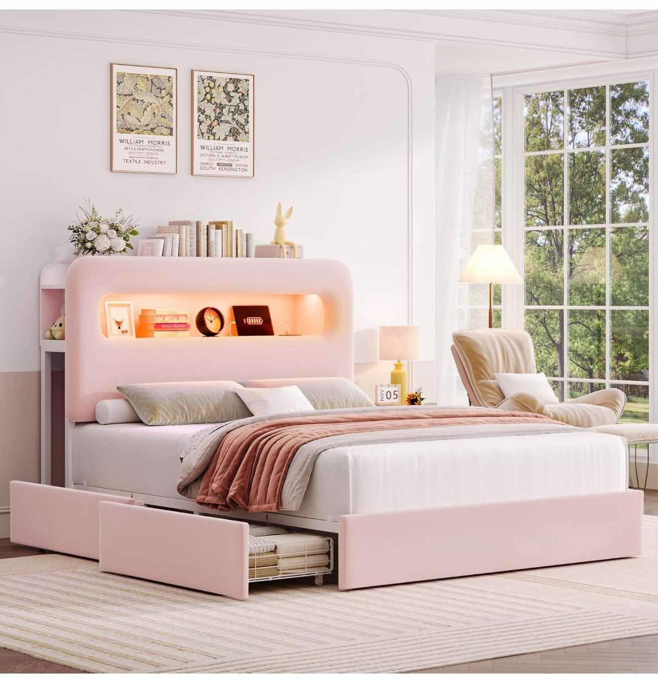 Full size LED Bed Frame with Storage Headboard and Charging Station, with 4 Drawers , Pink J-21