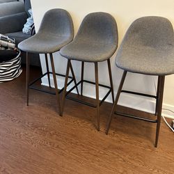 Three Grey Barstools With brown legs