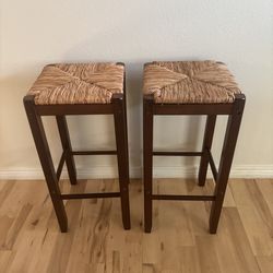 Set Of Two Winsome Wood Kaden 29-Inch Bar Stools Featuring A Walnut Finish And Natural Seagrass Rush Seats