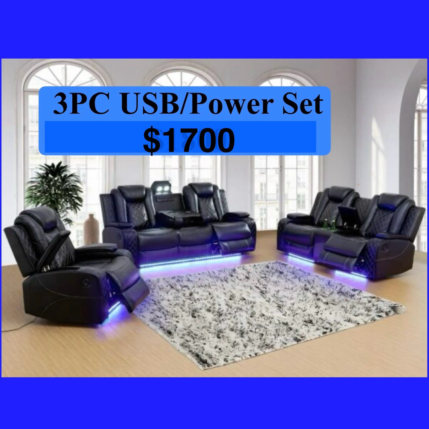 💥FREE DELIVERY💥Brand New POWER, LED, USB 3PC Reclining Sofa Loveseat Chair Set