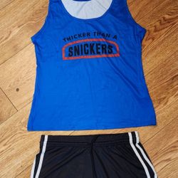 Blue Tank Top & Black Shorts Set 'Thicker Than a Snickers' Size L