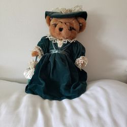 Victorian Bear In Green Dress On A Metal Stand