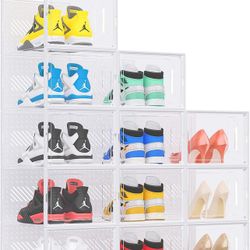 eWonLife Large Shoe Organizer Storage Box with Magnetic Door,12 Pack Clear Plastic Stackable Sneaker Containers for Closet, Connect Left and Right Sho