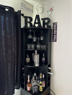 Black Corner Bar Cabinet with Glass Rack