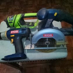 Ryobi circular saw, drill and flashlight 