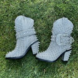 Club Exx Spiked Rhinestone Cowboy Boots - Silver 