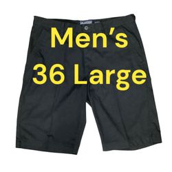 Men's Genuine American Rag 36 Large Shorts Black Chino Khakis Long Lenght Flat Front EUC