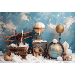 YongFoto Travel Adventure Theme Backdrop 10x7ft Cute Clouds Sky Stars Bear Globe Photography Background Adventure Awaits Baby Shower Girl Boy 1st 2nd 