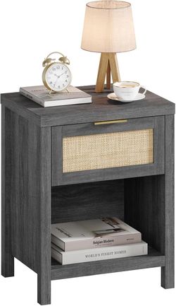 Rattan Nightstand, Boho End Table with Drawer and Storage Shelf, Farmhouse Cane Accent Bedside