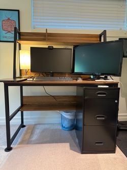 Wooden desk with shelving