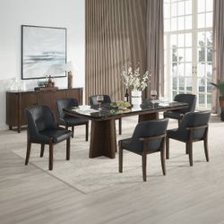 Dining set 7 pc Black Natural marble, Walnut wood finish, Black Leatherette. New Especial price 