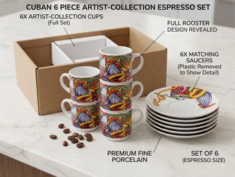 Cuban 12 Piece Artist-Collection Espresso Set - Premium Fine Porcelain Cups & Saucers - Full Rooster Design - Espresso Size