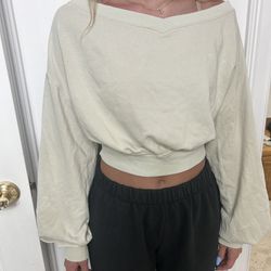Urban Outfitters Beige Cropped V-Neck Crewneck Loose Sweatshirt 