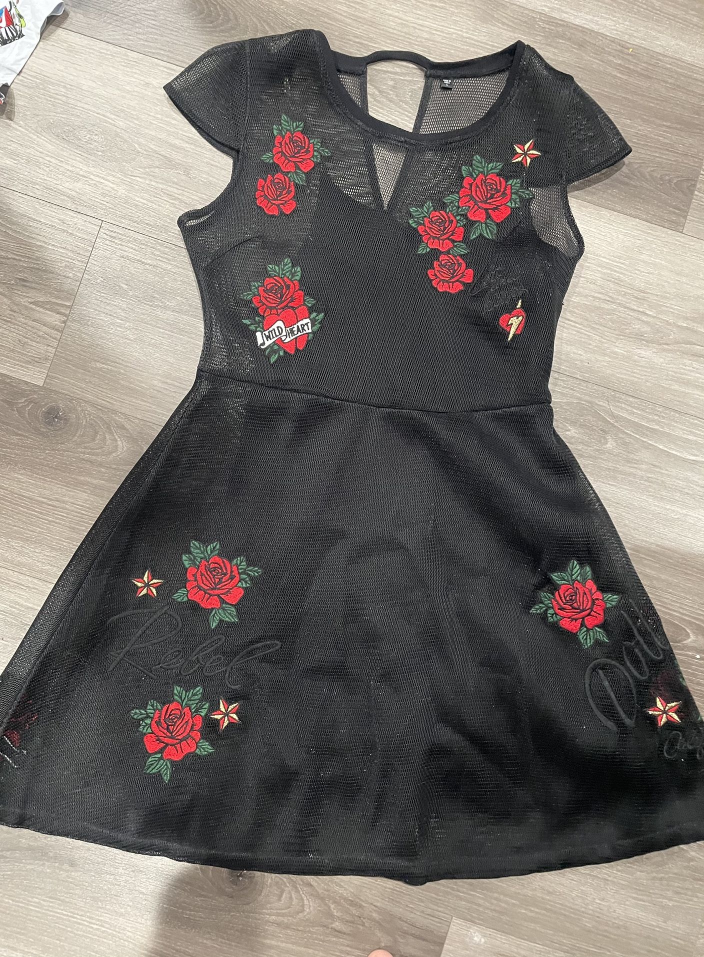 Guess Black Mesh Prom Dress with Red Embroidery Hearts Rockabilly Size L RARE