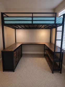 Industrial Loft Bed with L-Shaped Desk & Storage Drawers – Twin Size