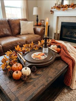 Brown Oval Wood & Metal Serving Tray w/ Handles & Candle 14in Fall Thanksgiving