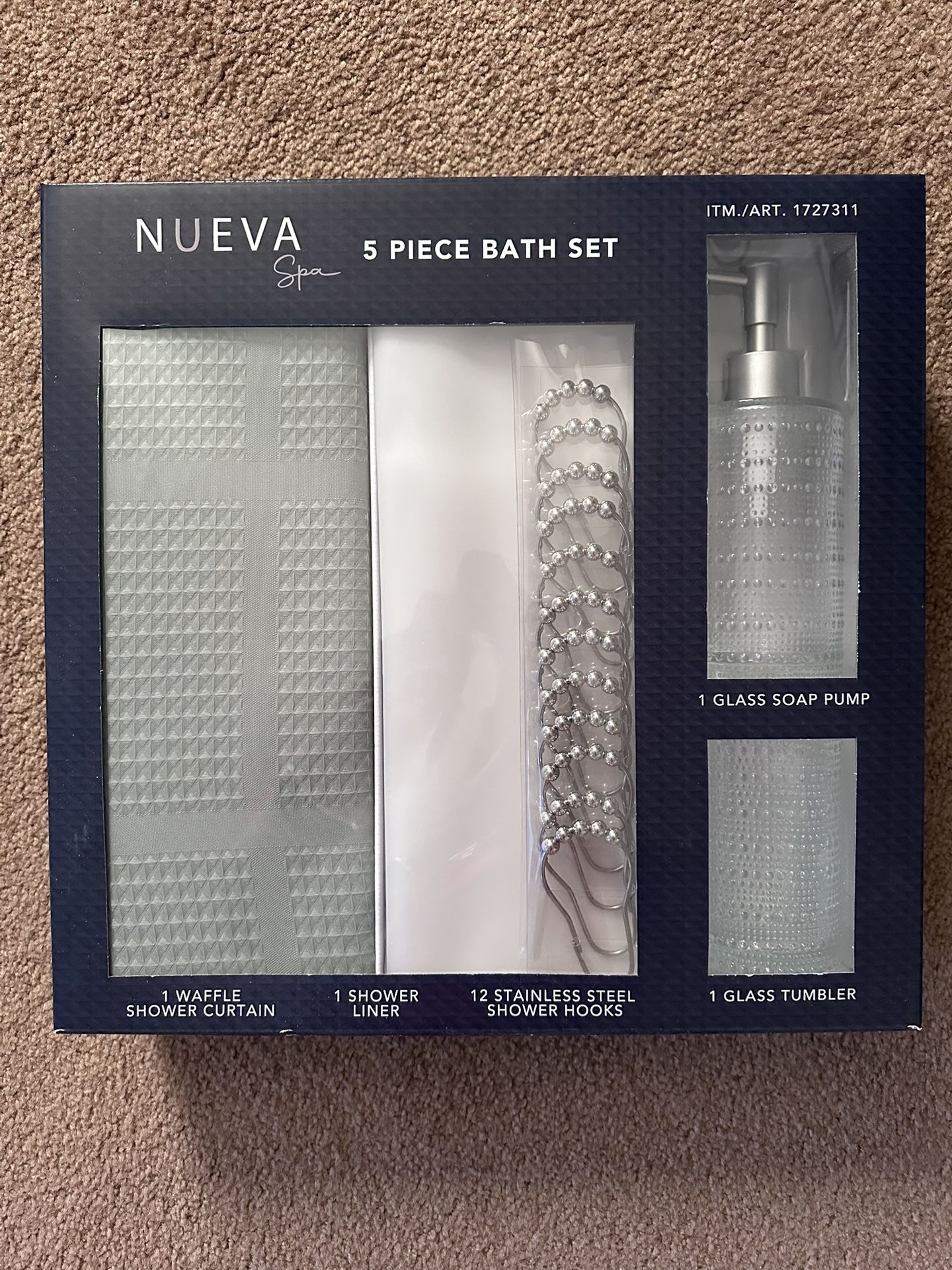 Nueva 5 Piece Bath Set Curtain, Liner, Hooks, Soap Pump & Tumbler