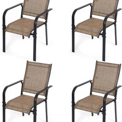 Patio Chairs Set of 4, Stackable Outdoor Dining Chairs, All Weather Breathable Textile, Heavy Duty Metal Frame Porch Chairs for Backyard, La