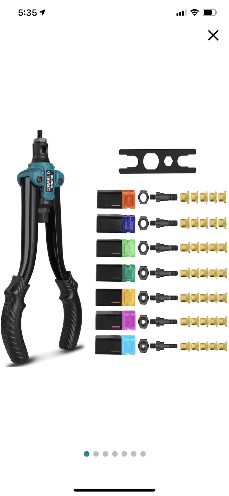 13" Basic Rivet Nut Tool. Handheld Set with 7 Compatible Metric & SAE Mandrels, with 35pcs Rivet Nuts