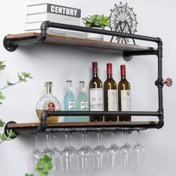 Industrial Pipe Shelves Wine Rack Wall Mounted 2Tier,Hanging Floating Mini Bar Shelves with Glass