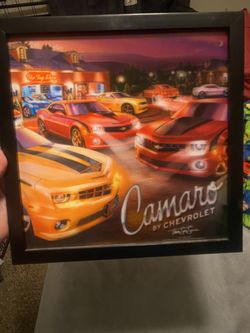 Framed two-dimensional giclée limited edition art print featuring Chevrolet Camaros