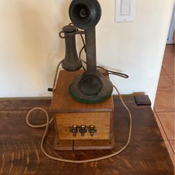 Antique Candlestick Telephone And Oak Ringer Box