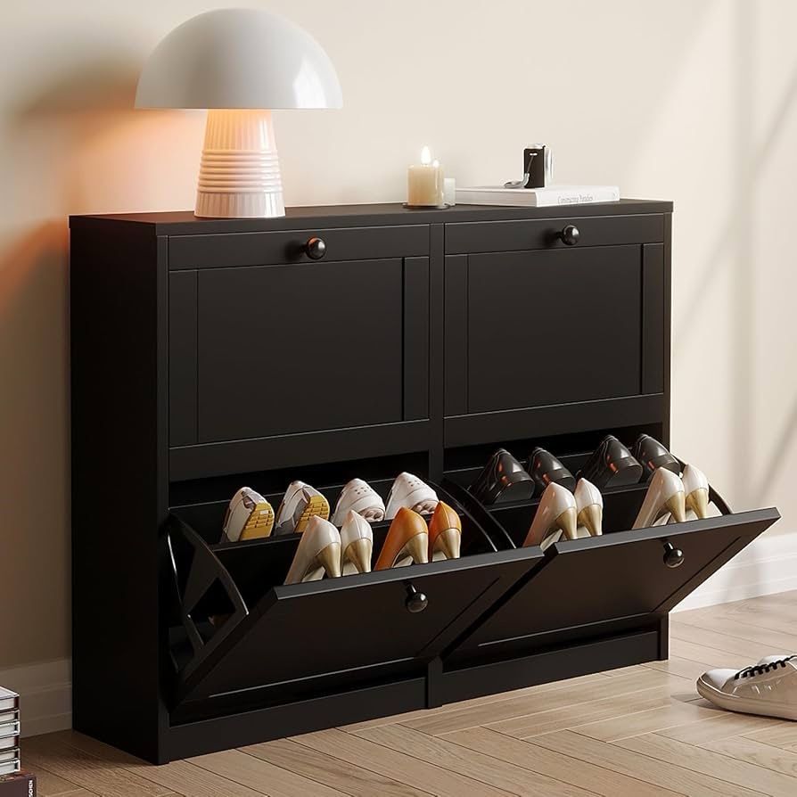 Shoe Cabinet with 4 Flip Drawers, Freestanding Shoe Storage Cabinet with Adjustable Shelf & Anti-Tipping Device, Shoe Rack for Entryway, Hallway, Livi