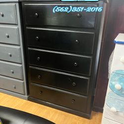 Jumbo Black Pinewood Five Drawer Dresser Chest 