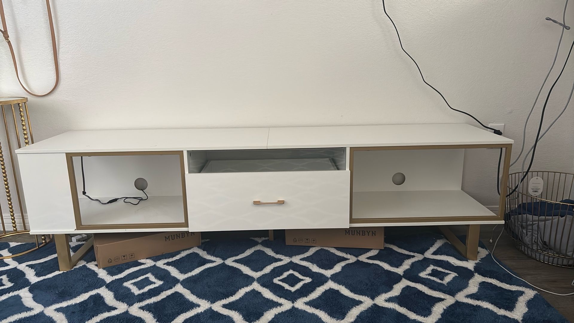 White and gold TV stand with LED Lights &  stools