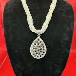 Liquid Sterling .925 Silver Necklace and Teardrop Pendant w/ 26 Onyx Stones. Total weight is 9.1 Ounces / 257 Grams. 
